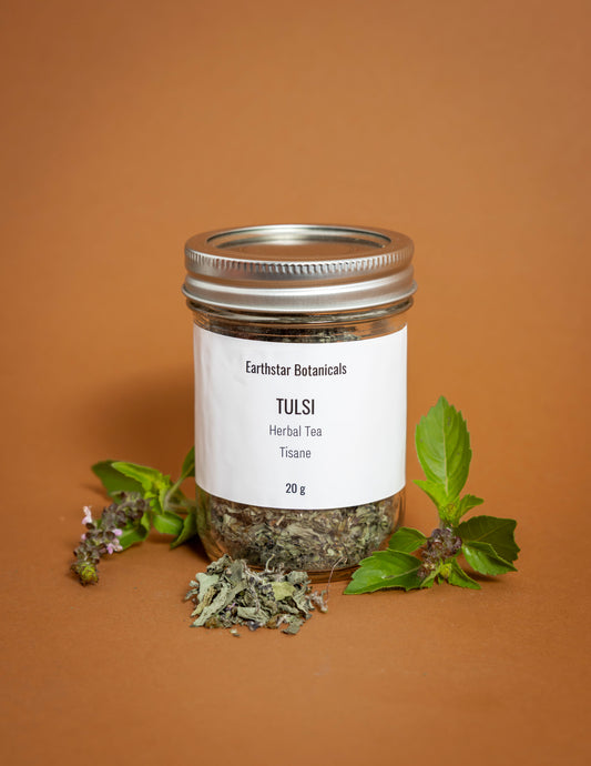 Jar of Earthstar Botanicals Tulsi Herbal Tea on an orange background