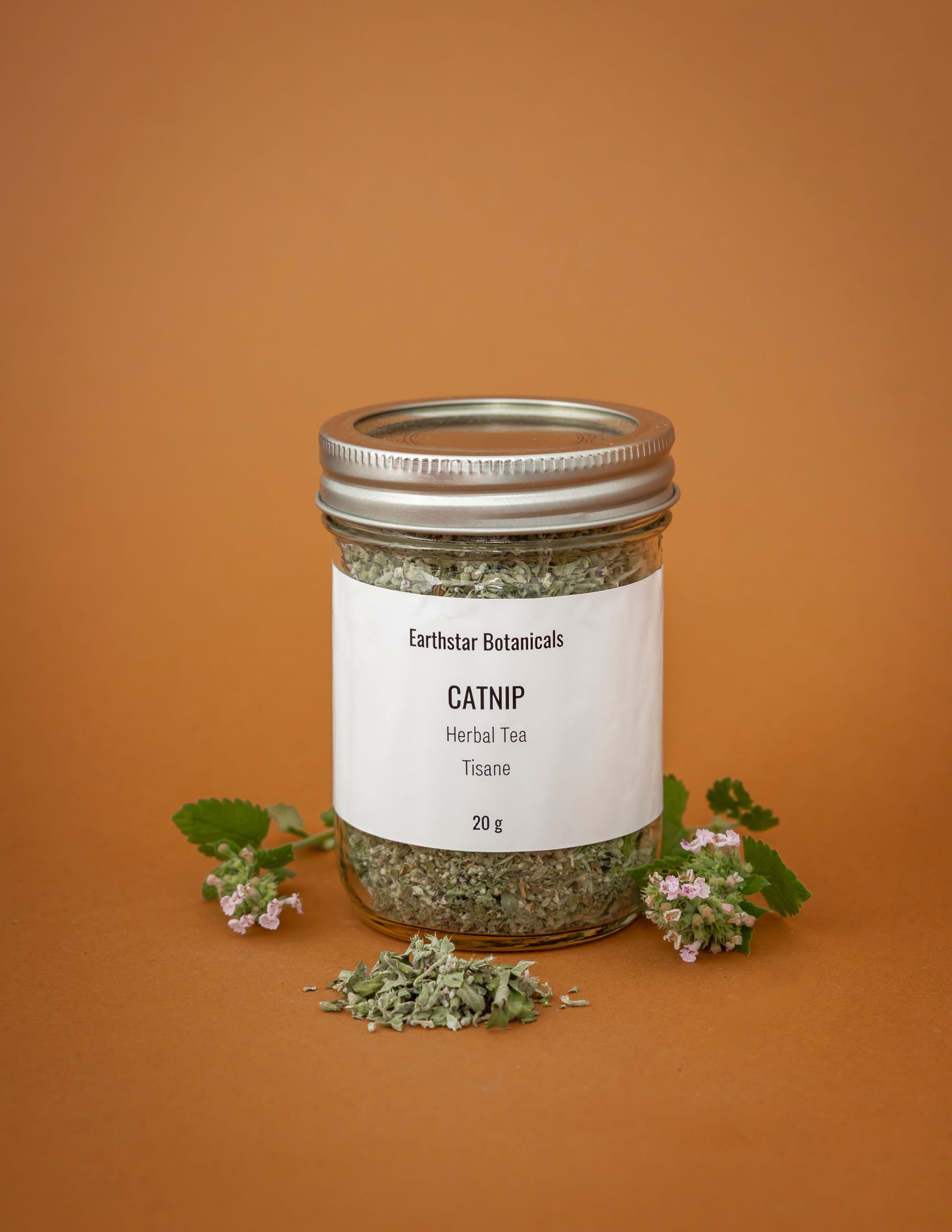 Jar of Earthstar Botanicals Catnip Herbal Tea on an orange background