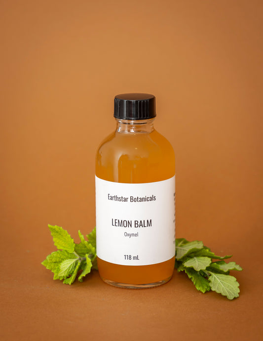 Bottle of Earthstar Botanicals Lemon Balm Oxymel on an orange background