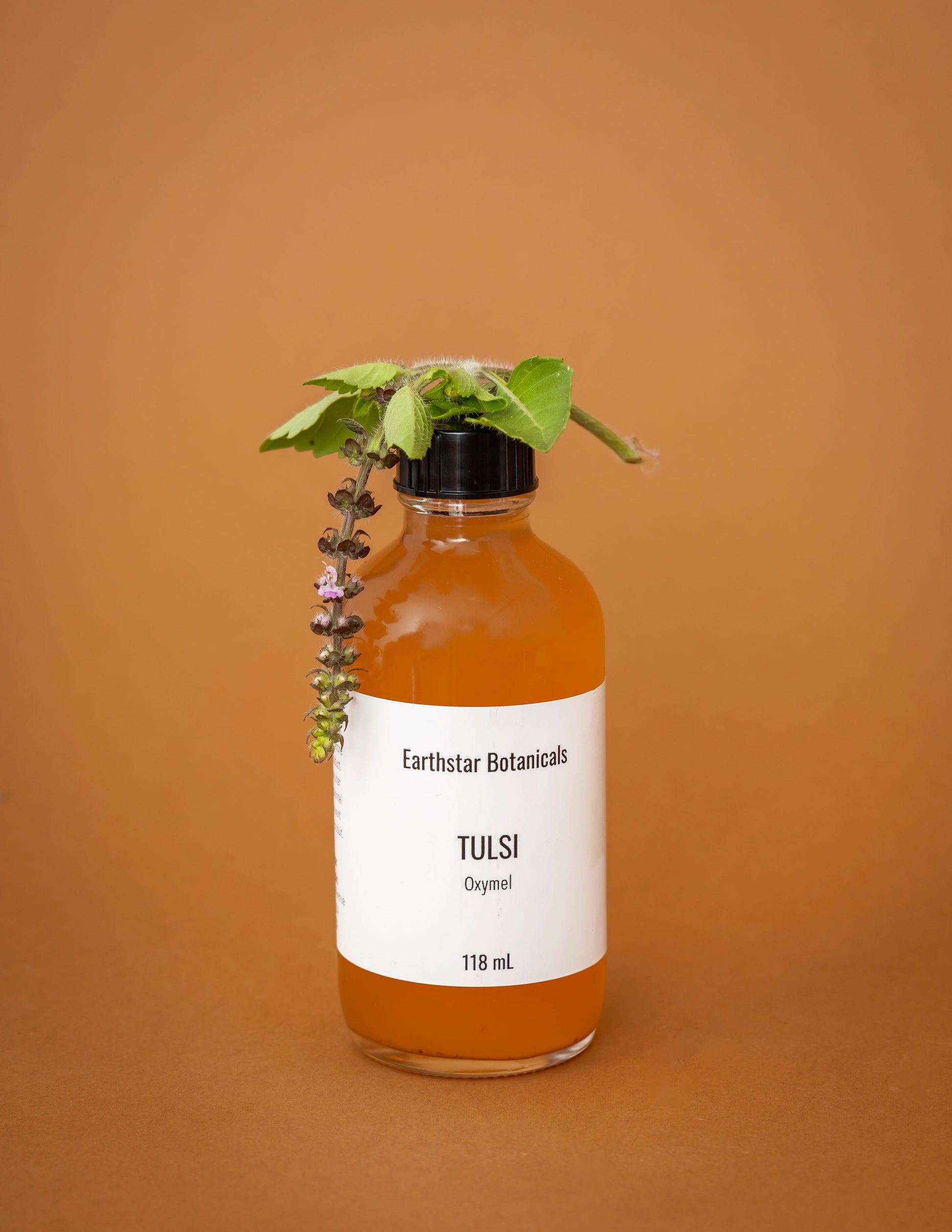 Bottle of Earthstar Botanicals Tulsi oxymel with a label on an orange background