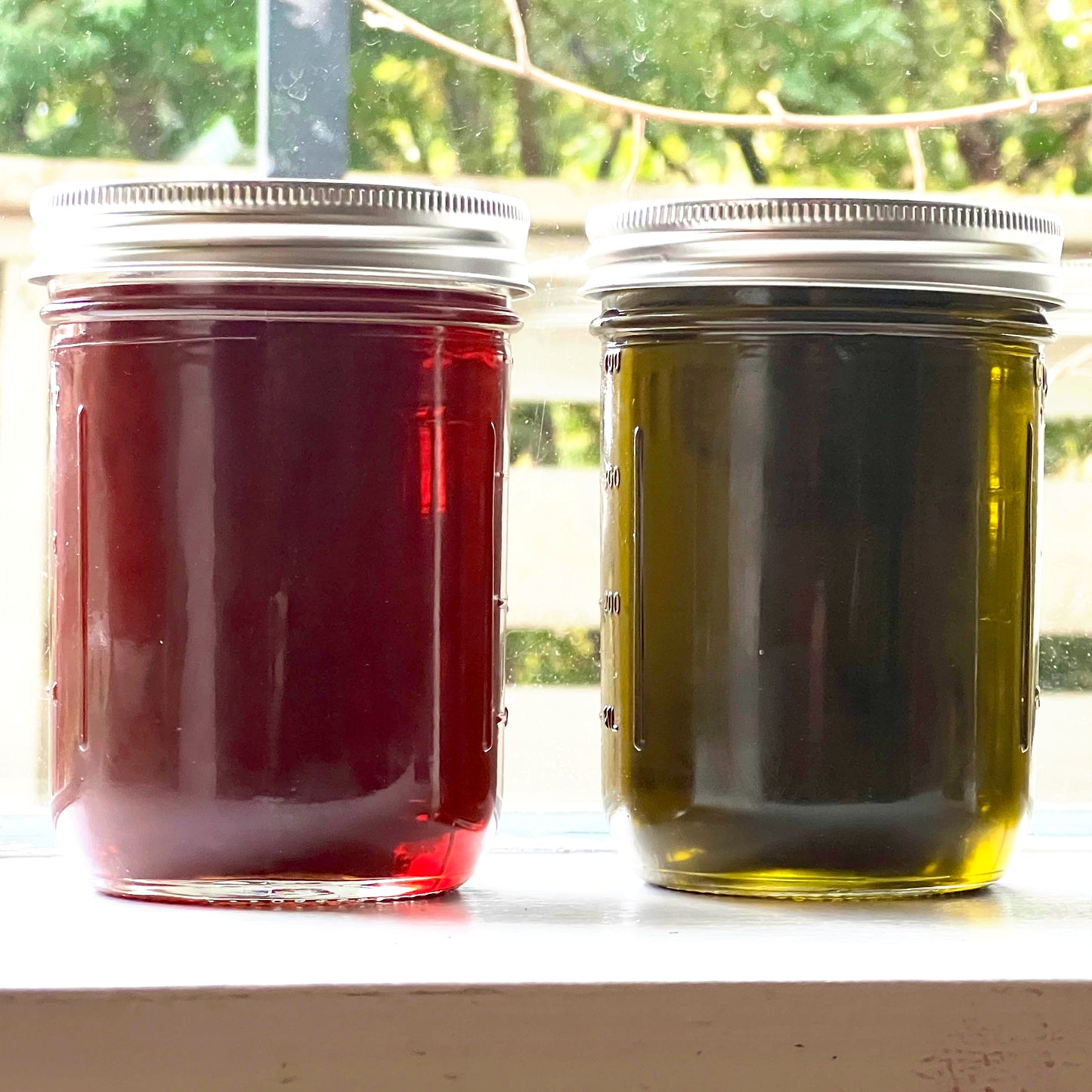 Two jars with St John's Wort Oil (red on left) and Tulsi Oil (green on right) on a windowsill.